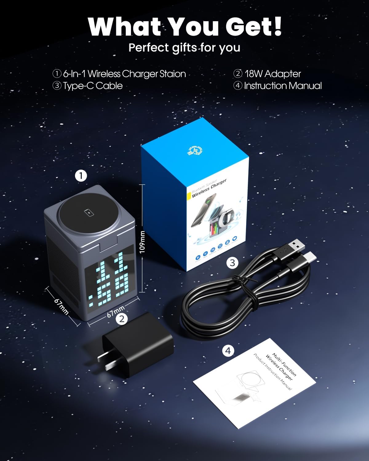 3-In-1 Wireless Charger, Bluetooth Speaker, Pixel Animation Display, Digital Alarm Clock for Apple Mag Safe Iphone 17 16E 16 15 14 13 12 Pro Max Iwatch and Airpods Fasting Charging Station