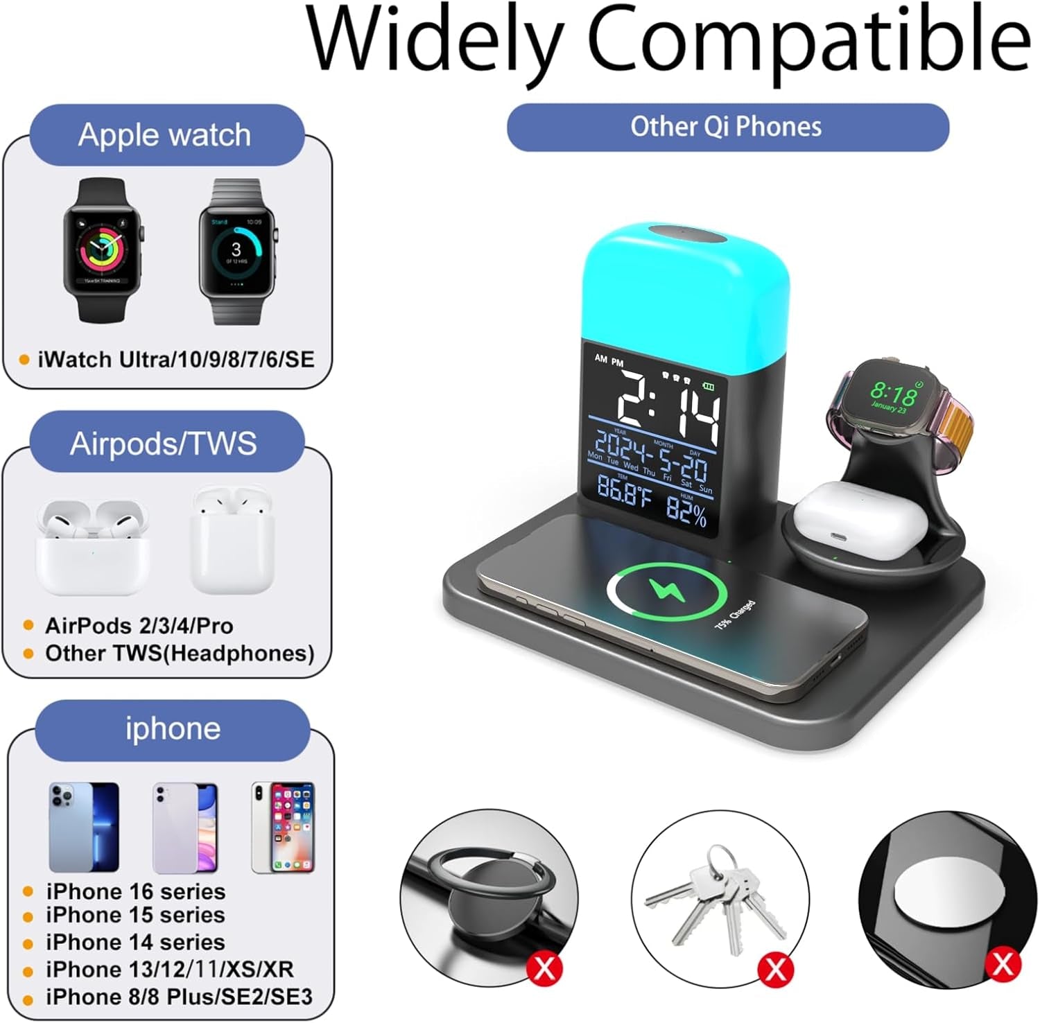 3 in 1 Wireless Charging Station,Wireless Charger Compatible with Iphone 16/15/14/13/Pro/Max/Xs/Plus.For Apple Watch,Charging Dock for Airpods with Digital Alarm Clock and Night Light (Y21)
