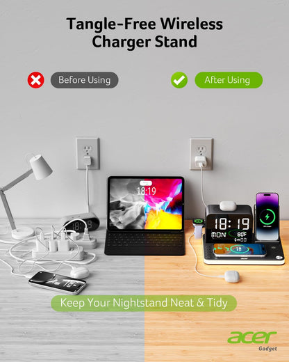7-In-1 Wireless Charging Station: Charger Stand for Multiple Devices for Apple - Iphone 16 15 14 13 12 Pro Max Apple Watch Airpods, Wireless Charger Iphone Charging Station with Bluetooth Timesyn