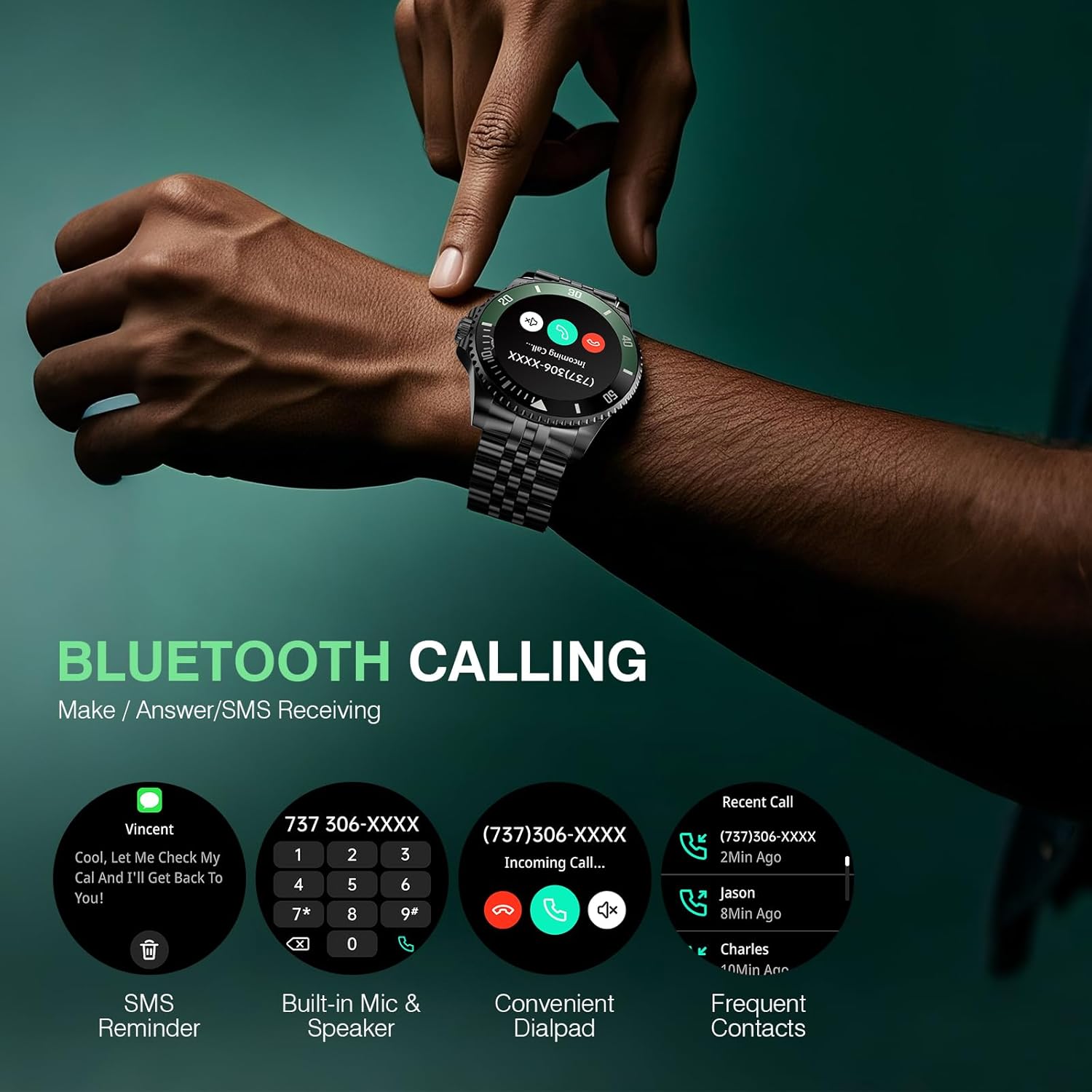 2025 DA GPT Smart Watch with Bluetooth Call,1.19-Inch AMOLED Display, 24/7 Heart Rate, Blood Oxygen, Blood Pressure, Sleep Monitor, 107 Sports Fitness Tracker, Compatible Android and Ios Black Green
