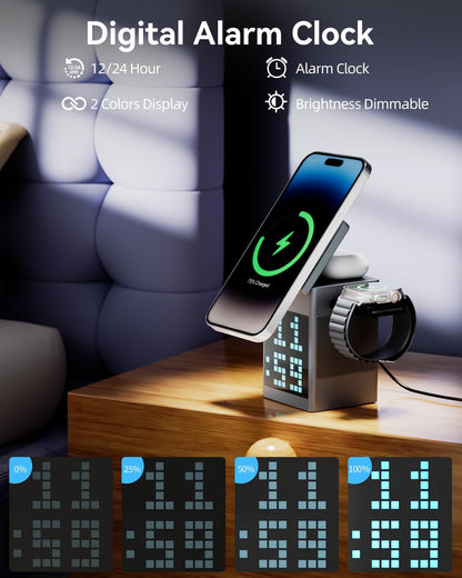 3-In-1 Wireless Charger, Bluetooth Speaker, Pixel Animation Display, Digital Alarm Clock for Apple Mag Safe Iphone 17 16E 16 15 14 13 12 Pro Max Iwatch and Airpods Fasting Charging Station