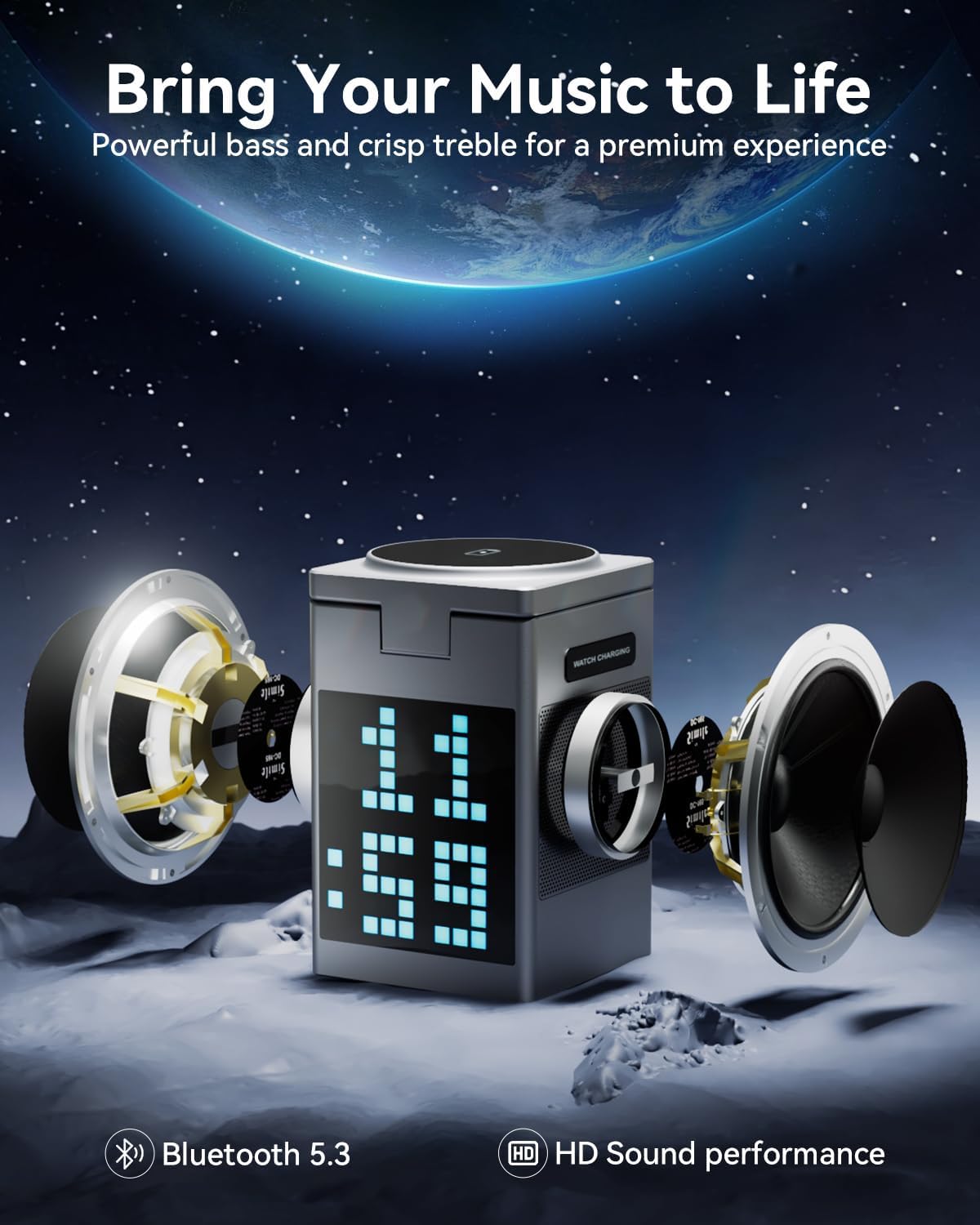 3-In-1 Wireless Charger, Bluetooth Speaker, Pixel Animation Display, Digital Alarm Clock for Apple Mag Safe Iphone 17 16E 16 15 14 13 12 Pro Max Iwatch and Airpods Fasting Charging Station