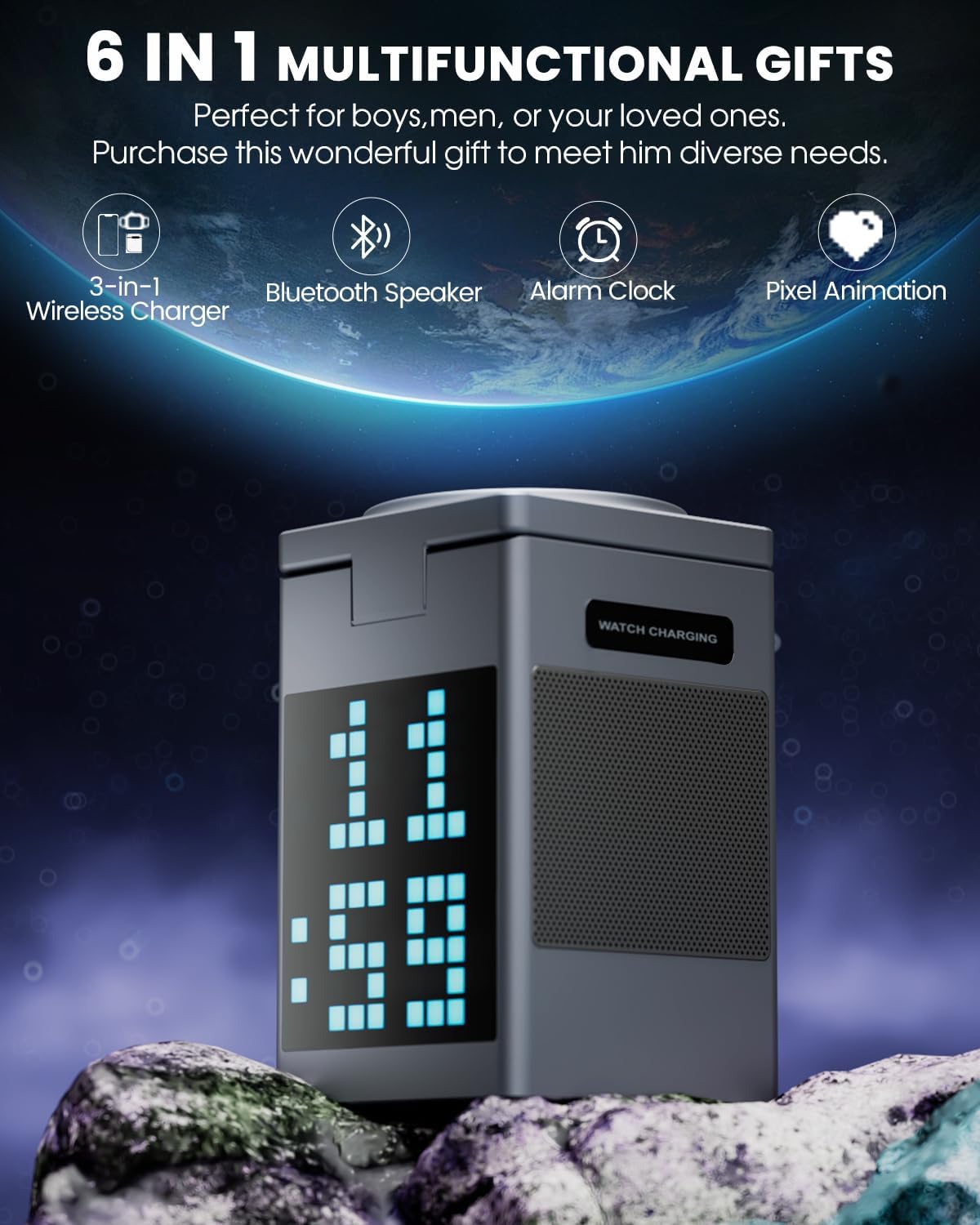 3-In-1 Wireless Charger, Bluetooth Speaker, Pixel Animation Display, Digital Alarm Clock for Apple Mag Safe Iphone 17 16E 16 15 14 13 12 Pro Max Iwatch and Airpods Fasting Charging Station