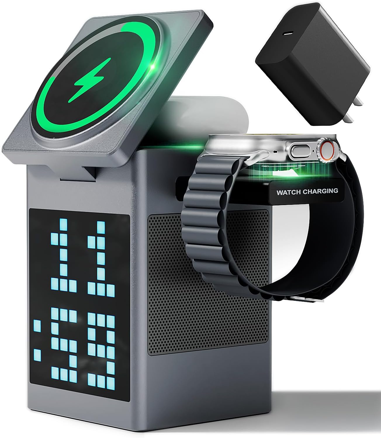 3-In-1 Wireless Charger, Bluetooth Speaker, Pixel Animation Display, Digital Alarm Clock for Apple Mag Safe Iphone 17 16E 16 15 14 13 12 Pro Max Iwatch and Airpods Fasting Charging Station