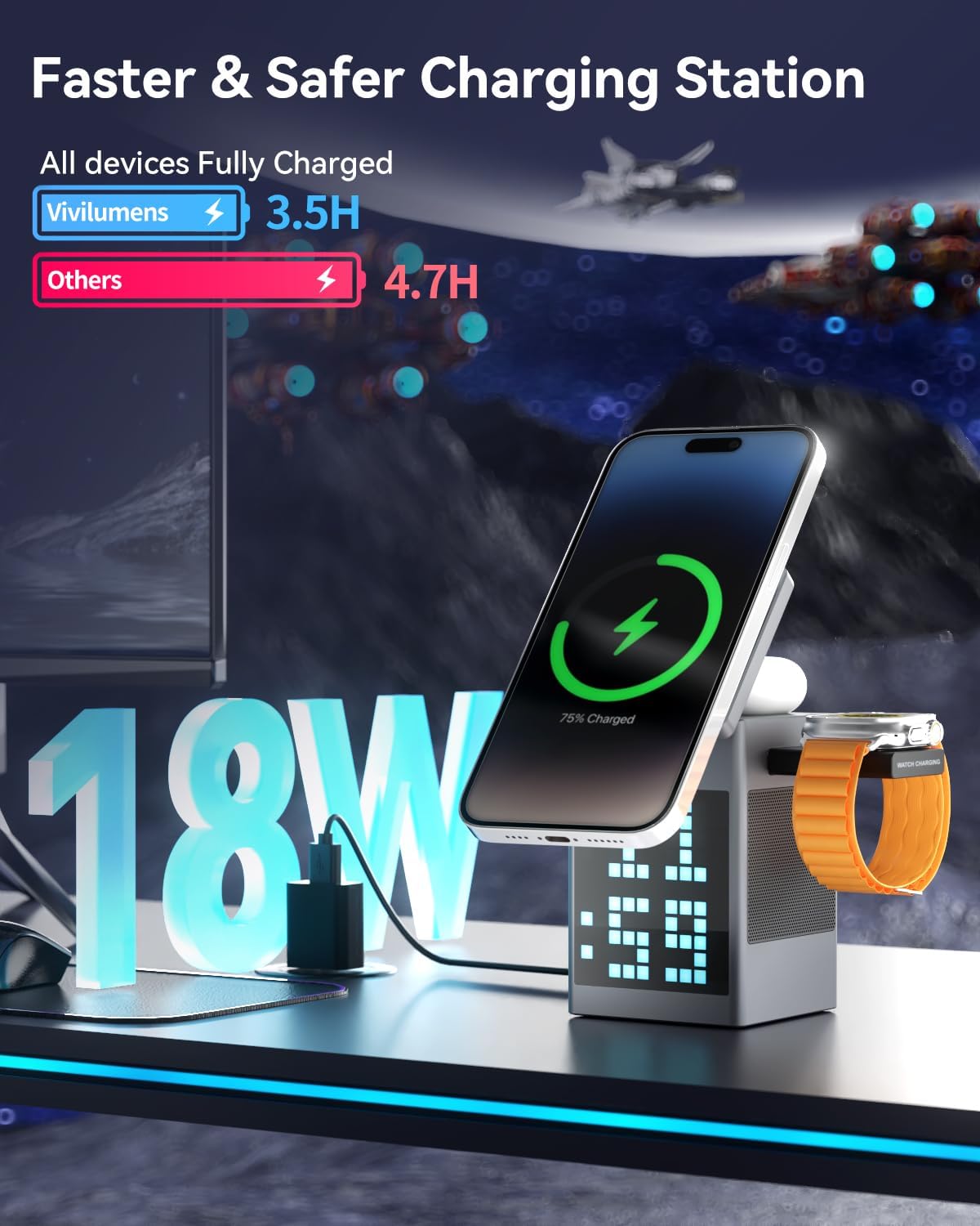 3-In-1 Wireless Charger, Bluetooth Speaker, Pixel Animation Display, Digital Alarm Clock for Apple Mag Safe Iphone 17 16E 16 15 14 13 12 Pro Max Iwatch and Airpods Fasting Charging Station