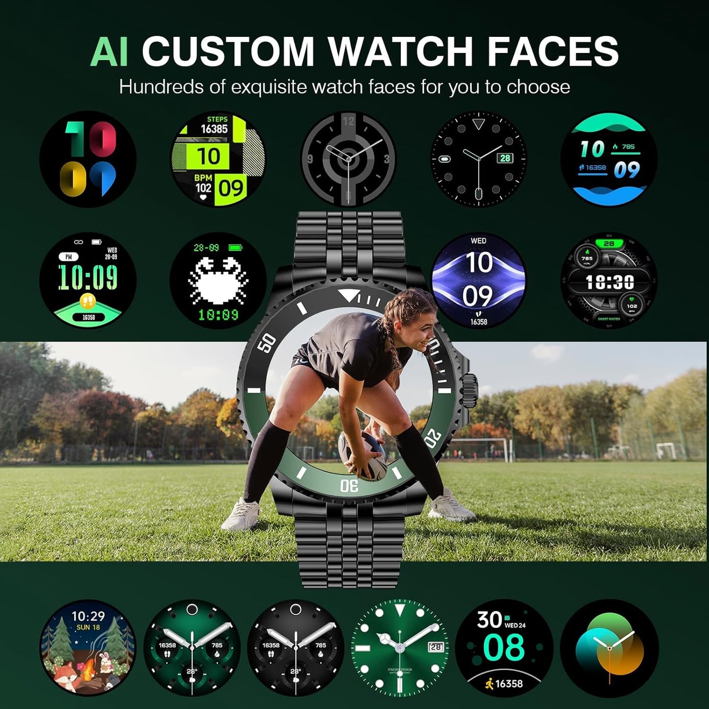 2025 DA GPT Smart Watch with Bluetooth Call,1.19-Inch AMOLED Display, 24/7 Heart Rate, Blood Oxygen, Blood Pressure, Sleep Monitor, 107 Sports Fitness Tracker, Compatible Android and Ios Black Green
