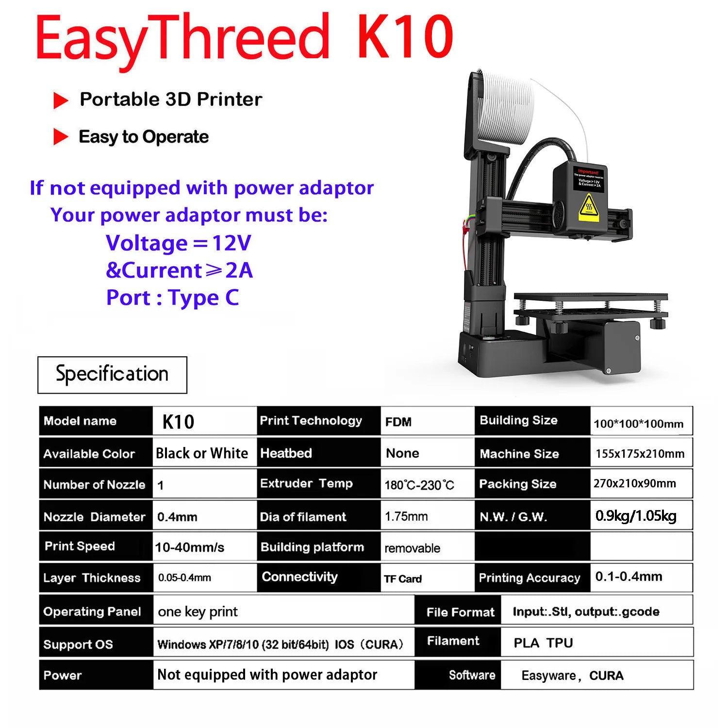 3D Printer Entry Level Compatible with PLA TPU 1.75Mm Filament Include Power Adaptor.