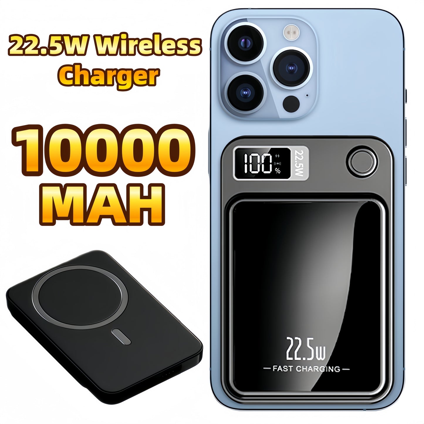 Wireless Portable Charger with LED Power Display, 10000Mah 22.5W Fast Charging Phone External Battery Bank, 2 in 1 Wireless Magnetic Power Bank, Emergency Backup Battery Pack for Iphone and Android