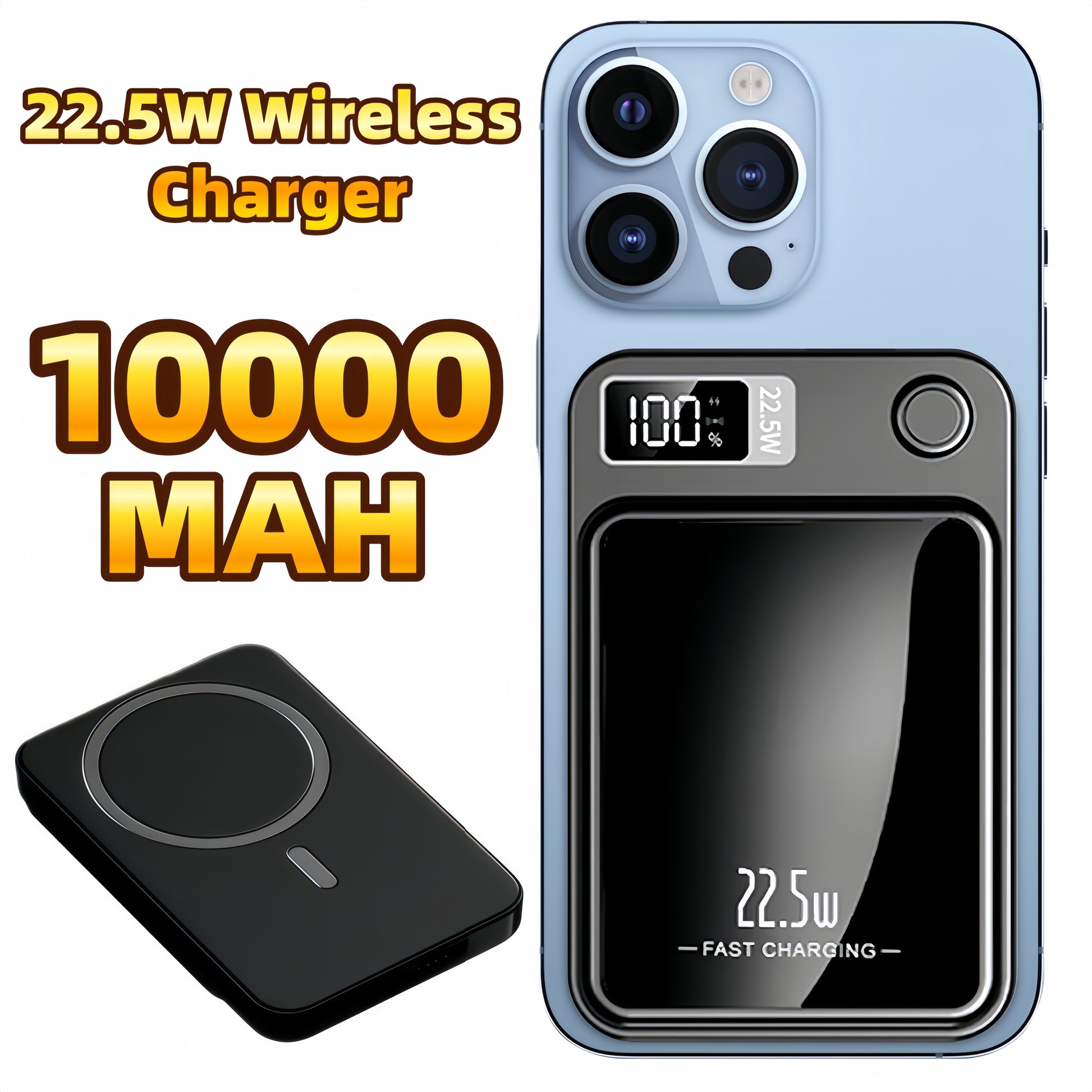 Wireless Portable Charger with LED Power Display, 10000Mah 22.5W Fast Charging Phone External Battery Bank, 2 in 1 Wireless Magnetic Power Bank, Emergency Backup Battery Pack for Iphone and Android