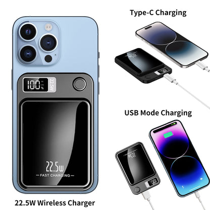 Wireless Portable Charger with LED Power Display, 10000Mah 22.5W Fast Charging Phone External Battery Bank, 2 in 1 Wireless Magnetic Power Bank, Emergency Backup Battery Pack for Iphone and Android