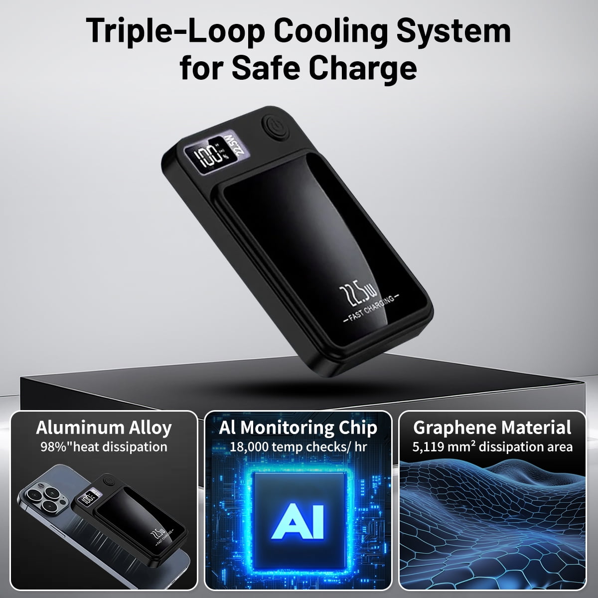 Wireless Portable Charger with LED Power Display, 10000Mah 22.5W Fast Charging Phone External Battery Bank, 2 in 1 Wireless Magnetic Power Bank, Emergency Backup Battery Pack for Iphone and Android