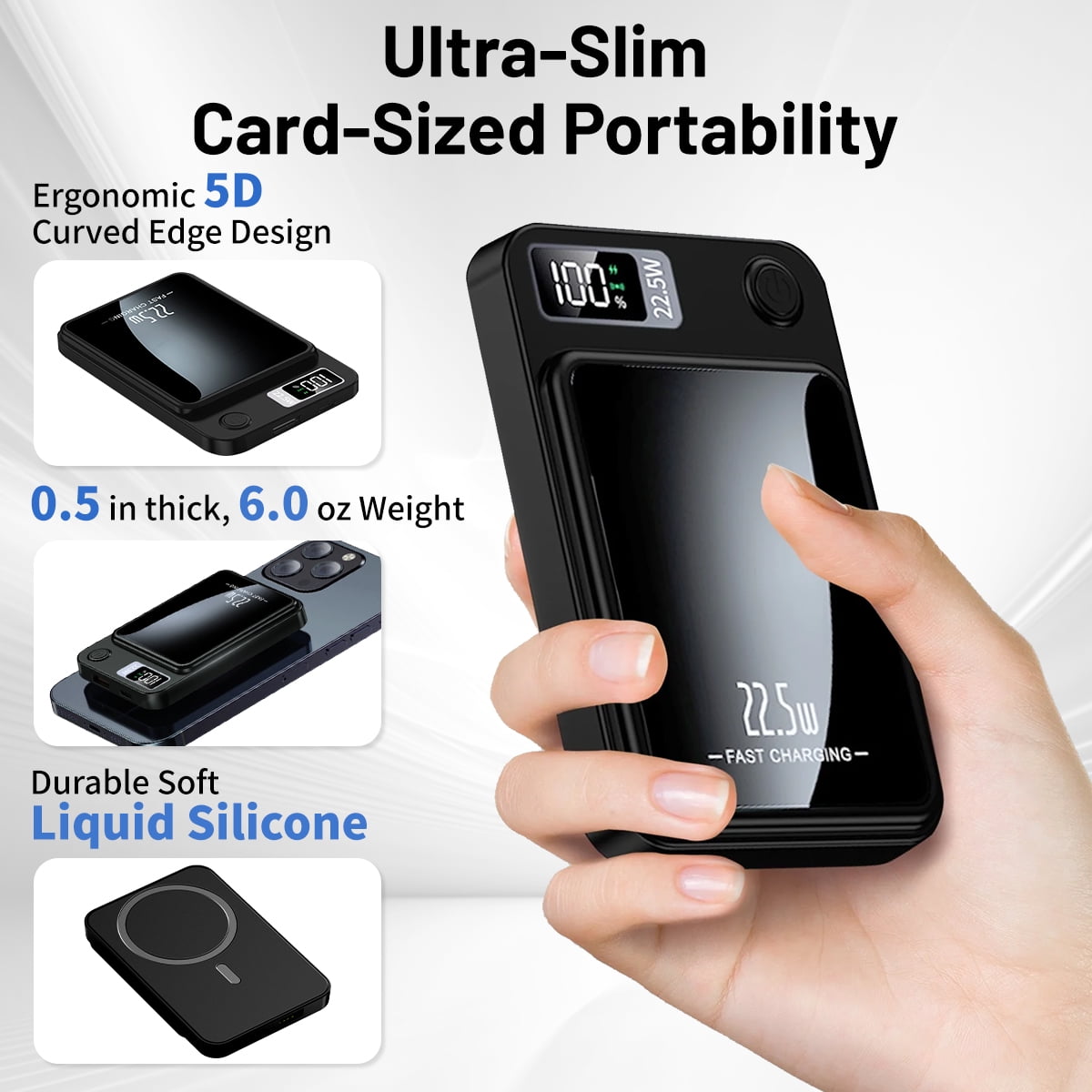 Wireless Portable Charger with LED Power Display, 10000Mah 22.5W Fast Charging Phone External Battery Bank, 2 in 1 Wireless Magnetic Power Bank, Emergency Backup Battery Pack for Iphone and Android